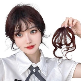 NICENEEDED Long Curly Bangs Clip, Natural Wave French Bangs Clip Curly Air Bangs, Wispy Bangs with Temples Hairpieces Fake Fringe Bangs Hair Piece for Women Brown