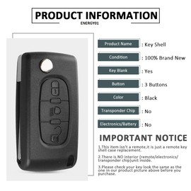 Key Shell Compatible with Citroen C2 C3 C4 C5 C6 C8 Xsara Picasso Berlingo - Compatible with Peugeot 207 307 308 407 408 3008 5008 Partner 807 1007 - Fiat Ulysse (3 Buttons - Citroen VA22 CE052CE053
