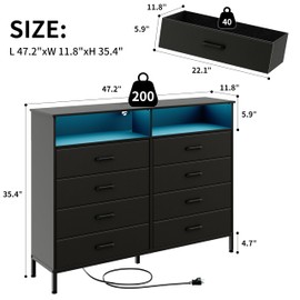 SOOWERY Black Dresser for Bedroom Led Bedroom Dresser with Charging Station, Tall Dressers with 8 Fabric Chest of Drawers, Dressers for Kids Room, TV Stand for up to 60" TV for Living Room