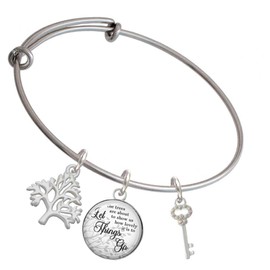 Delight Jewelry Silvertone Small Clear AB Crystals Oval Key Silvertone Let Things Go Tree Charm Bangle Bracelet