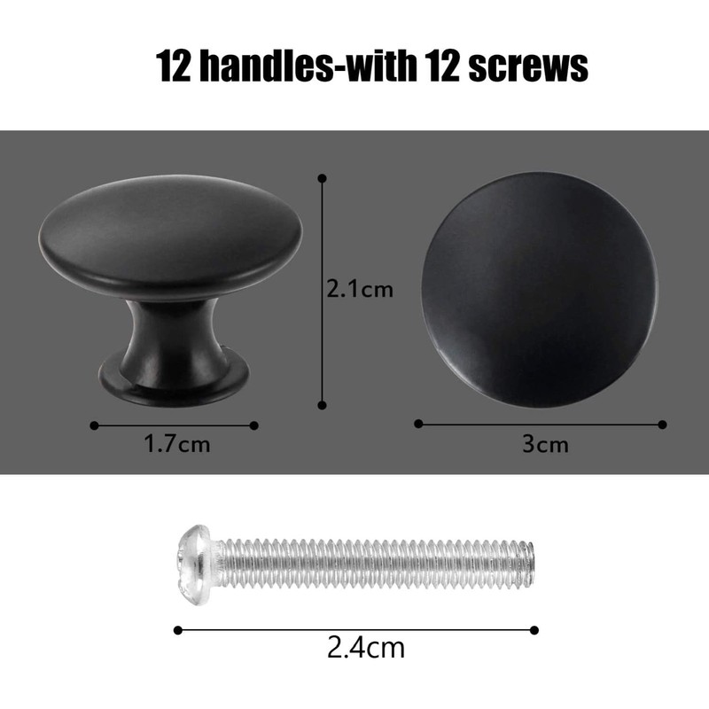 KAHEIGN 24Pcs Round Cabinet Knobs, 30mm Matted Black Mushroom Drawer