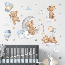 decalmile decalmile Bear Sleeping on The Moon Wall Decals Hot Air Balloon Animals Clouds Wall Stickers Baby Nursery Kids Bedroom Playroom Wall Décor