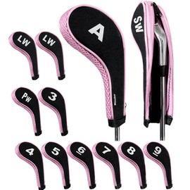 Andux 12pcs/Set Golf Iron Club Head Covers Number Print Long Neck with Zipper Black/Pink