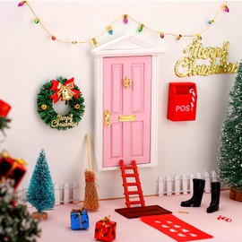 Hungdao 20 Pcs Christmas Elf Girl Fairy Doors Decorations Door Enchanted Fairy Doors Tiny Outdoor Xmas Decor Wooden Tiny Miniature for Child Xmas Accessories Fairy Tale (Pink Door)
