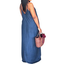 Women's Sexy Maxi Denim Dresses Casual Spaghetti Strap Striped Dark Blue Long Sundress Wiht Pockets