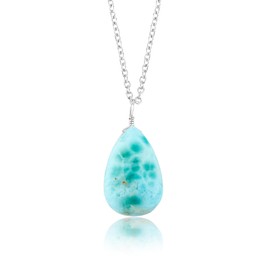 CRYSTALIS Natural Larimar Gemstone Pendant Necklace, High Grade Polished Pear Crystal, Chakra Healing Cabochon, Gift Giving Women Jewelry, Dainty 925 Sterling Silver Chain 18 inch