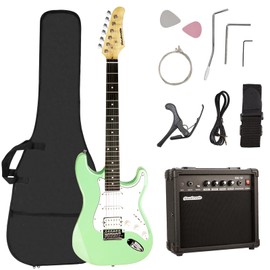Soulmate Electric Guitar Kit 39" Beginner Electric Guitar Solid Body Full Size HSS Pick Up for Starter, with Amplifier, Bag, Capo, Strap, String,Cable, Picks, Green