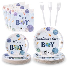 G1ngtar 96Pcs Houston We Have A Boy Baby Shower Plates Supplies - Serves 24 - Outer Space It's a Boy Party Tableware Decorations Astronaut Planet Galaxy Birthday Disposable Paper Plates Napkin Fork