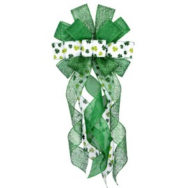 Large St. Patrick's Day Wreath Bows, Green Glitter Bows for Wreath Green Shamrock Bows for Front Door St. Patrick's Day Hanging Bows Ornaments White Irish Holiday Yarn Bows for Outdoor Party Decor