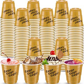 cssopenss 120 pcs gold Plastic Shot Glasses 2 oz gold party cups gold shot glasses disposable 2 oz for drinking Tastings served Snacks Jello Tastings and Samples
