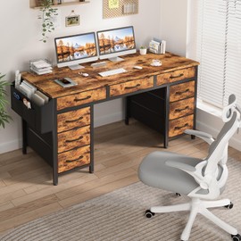 Lufeiya 47 Inch Computer Desk with 9 Drawers, Office Desk Work Desk for Home Office, Study, Writing Desk with Fabric Drawers on Both Sides, Large Storage, Rustic Brown