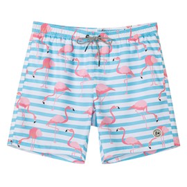 SURF CUZ Mens Swim Trunks 7" Swimming Trunks with Mesh Liner Quick Dry Swim Shorts for Men Swimwear Bathing Suits Pockets,Flamingo Stripes,L