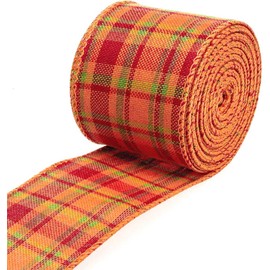 Thanksgiving Fall Wrapping Ribbon，Autumn Pumpkin Orange and Green Gingham Plaid Burlap Check Wired Edge Ribbon for Crafts Decoration, Thanksgiving Floral Bows Craft Decor