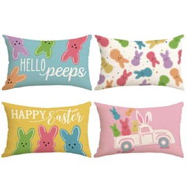 YOSICHY Easter Decorations for Home, Easter Pillow Covers 20x12 Inch, Set of 4 Happy Easter Hello Peeps Bunny Truck Pink Blue Yellow Decorative Throw Pillow Cover Farmhouse Decor