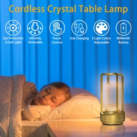MEINV Cordless Rechargeable Table Lamps, Portable Lumisom Crystal Small Lantern Lamp with Touch Control & 3 Color Dimmable, 4000mAh Battery-Powered Klarako Crystal Desk Lanter for Outdoor Indoor (Gold)