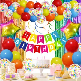 Colorful Birthday Decorations, Birthday Party Supplies for Men Women Boys Girls with Rainbow Happy Birthday Banner, Confetti Balloons, Fringe Curtain, Heart Star Foil Balloons, Hanging Swirls