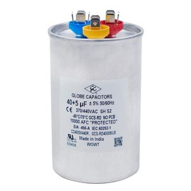 Capacitor (Round) 40+5uF ±5%, 40/5MFD, 370V/440V Dual Element CBB65 Motor Run, Recognized by Underwriters Laboratories (UL): GLOBE CAPACITORS