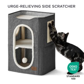 Bedsure 2 Story Cat House - Cat Condos for Indoor Cats with Scratch Pad and Fluffy Ball Hanging, Small Pet Cave Furniture Hideaway for Multi Pets, 18x14x23 inches, Dark Grey