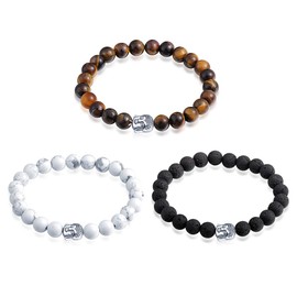 Feilok Buddha Charm Friendship Partner Bracelet Bangle Real Natural Stones (Spiritual Jewellery) Stretch Chakra Bracelet with Elegant Buddhism Pearl White, Stone Metal