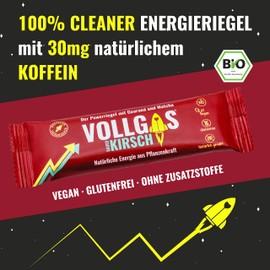 Vollgas Sour Cherry Bar - Energy Bar with 30 mg Caffeine - Vegan, Organic, Gluten Free - Easily Compatible - Sports Bar for Cycling, Running, Hiking - Before and During Sports