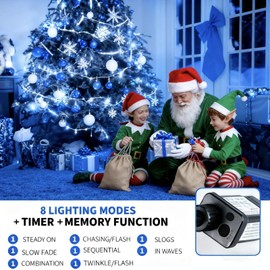 MZD8391 105FT 300 LEDs Blue White Christmas Lights Outdoor Indoor, Waterproof Christmas Tree Lights, 8 Lighting Modes with Memory and Timer