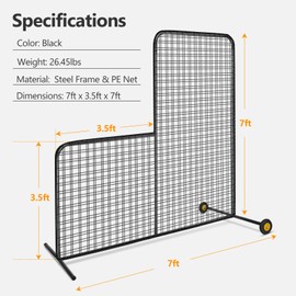 SHANTRA L Screen Baseball for Batting Cage, 7x7 ft Baseball Pitching Net with Wheels, Portable L Screen for Pitcher Protection, Baseball & Softball Pitching Net Includes Carry Bag and Ground Stakes