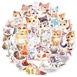 Nayyana Pack of 50 Watercolour Cat Stickers, Laptop, Phone, Skateboard, Guitar, Cat Stickers Set, Vinyl Waterproof Aesthetic Stickers for Teenagers, Children, Adults