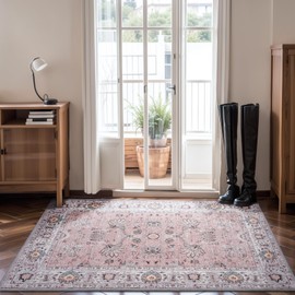 Indoor Entrance Door Mat Small Area Rug 2x3 Washable Rug Non-Slip, Soft Boho Floral Carpet Low Pile Vintage Rug for Entryway, Kitchen, Front Door, Indoor Entrance, Bedroom, Bathroom (Pink)