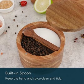 Acacia Wood Salt Cellar with 360° Swivel Magnetic Lid & Built-in Spoon – Dust-Resistant Spice Storage Container for Kitchen Seasoning