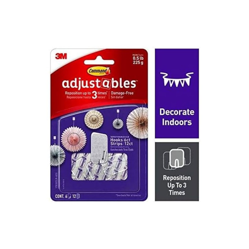 Command Adjustables Repositionable Hooks 12 Hooks + 24Strips/PK 17830CLR-12UKN