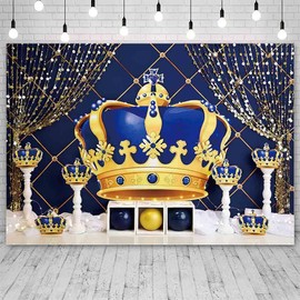 AIBIIN 7 x 5 ft Royal Blue Boy Birthday Backdrop Gold Crown Round Sequins Tassel Photography Background Decoration Baby Shower Photo Banner Studio Prop Supplies