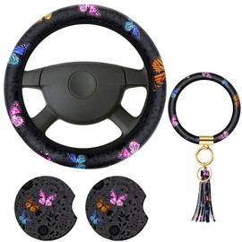 Juego de accesorios para volante de mariposa para mujer, con soporte para tazas y llavero, diseño de mariposas, funda para volante para coche SUV (estilo brillante)