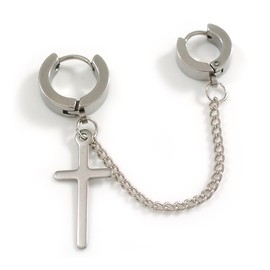 Men’s/Unisex/Women's Silver-Tone Cross and Chain Double Hoop Huggie Earring (1 Piece)
