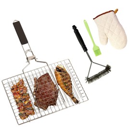 Kowiofame Fish Grill Basket BBQ Grilling Rack Kabob Veggies Shrimp Stainless Steel Cage Holder with Cleaning and Oil Brushes Oven Gloves