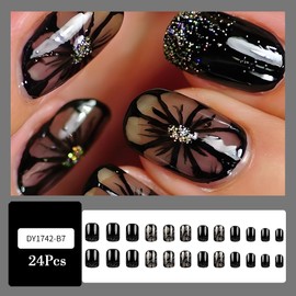Black Press on Nails Short Square Fake Nails with Flower Designs Summer Spring False Nails Gel Acrylic Nails Black Nails Press ons Short Glue on Nails for Women Floral Stick on Nails 24Pcs