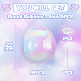 Iridescent Balloons 9 pcs,Iridescent Birthday Decorations Giant 4D Round Balloons 22 Inch for Rainbow shine Birthday Wedding Baby Shower