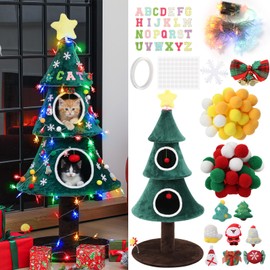 Vercraft LED Christmas Cat Tree with 2 Houses 52 inch Cat Tower Include Letter Stickers Snowflake Plush Decorative Light String and Glue, Furniture with Teaser Toy for Christmas Indoor Decoration