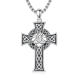 Oseew Celtic Cross Necklace For men Silver Cross Pendant Necklace Mens Celtic Cross Celtic Amulet Necklace Protection Jewelry Religious Gifts with 2.5mm 22"+2" Adjustable Rolo Chain, Stone Sterling