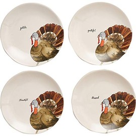 Rae Dunn Magenta Ceramic Thanksgiving Gobble, Grateful, Thankful, Blessed Appetizer Dessert Circle Small 8" Plate Eat (Set of 4) (8 in, Gobble, Grateful, Thankful, Blessed)