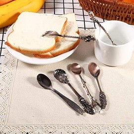Juego de cucharas vintage, juego de cubiertos retro 6 piezas aleación zinc resistente dorado plateado latón rojo antiguo para mesa hogar boda aniversario regalo cuchara postre café té helado tamaño
