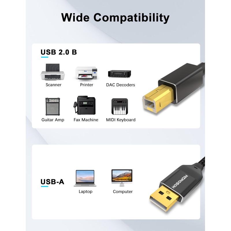 HOSONGIN USB Printer Cable 3FT，USB A to USB B Printer