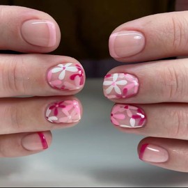 24 Pcs Cute Flower Press on Nails Pink French Tip False Nails Short Square Fake Nails with Flower Designs Oval Nail Tips Spring Reusable Stick on Nail Full Cover Glue on Nail for Women