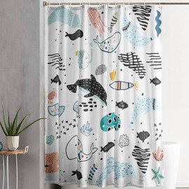 AILONEN - Cortina de ducha con delfín de dibujos animados, juego de cortinas de baño Kawaii con delfín de animales del océano para niños y niñas, cortinas de ducha de tela con silueta de delfín azul