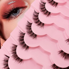 7P-CZ-A06 Clear Band Half Eyelashes, Cat Eye, 15 mm Short Cat Eye Artificial Eyelashes, Natural Look, 1/2 Corner False Eyelashes Set, 3/4 Corner Eyelashes, Reusable, Lightweight Makeup Eyelashes