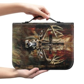 Generic Leather Bible Cover, Carrying Bible Book Bag Church Case,Bible Protective with Handle for Men Women,Gothic Style Deer and Cross,2XL