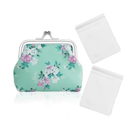 Benixmidart Coin Purse for Women, Mini Purse Change Purse Coin Pouch with Kiss Clasp Lock& 2 Clear Jewelry Bags, Floral PU Leather Coin Purses Small Pouches for Cash and Jewelry (Blue)