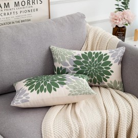 Sofa Cushion Cover, 30 x 50 cm, Dahlia Flower Linen Decorative Lumbar Cushion, Modern Abstract Geometric Couch Cushion, Decorative Cushion Cover for Sofa, Living Room, Car, Green and Grey
