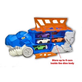 Dinosaur Transport Truck Carrier with 4 Diecast Cars – Race Track, Launcher & Storage Box – Toy Playset for Boys Ages 3+ (Blue/Orange)