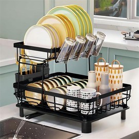 2 Tier Dish Drying Rack Dish Racks for Kitchen Counter Metal Dish Drainers with Knife Cup Utensil Holder, Black dishdryerrack:_Black