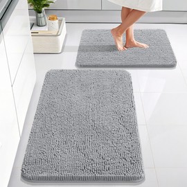 OLANLY Bathroom Rugs Sets 2 Piece, Soft Absorbent Chenille Bath Mats Area Rug Set, Non-Slip, Quick Dry, Machine Washable Bath Mats for Bathroom, Home Decor Accessories (30"x20"+24"x16", Light Grey)